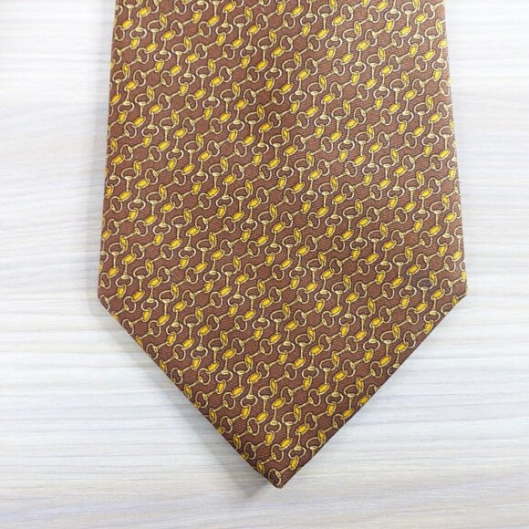 Brooks Brothers Makers Neck Tie Mens Rustic Brown Suit Silk Gold Chain Link USA - Picture 5 of 10